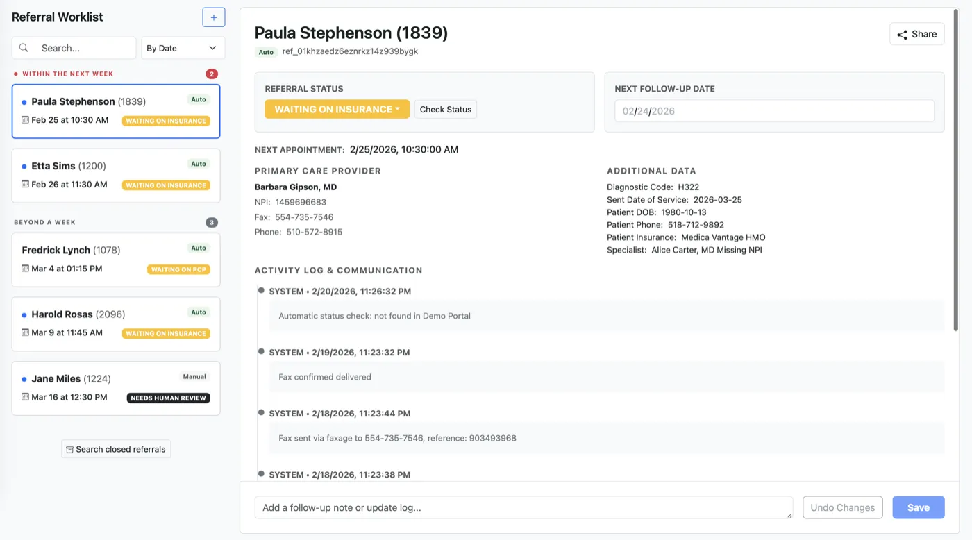 PCP referrals workflow board